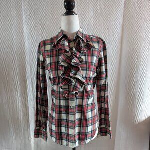 Lauren Ralph Lauren plaid ruffled button down blouse Small Academia Tartan